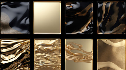 An array of black and gold fluid art patterns creating a luxurious and artistic design.
