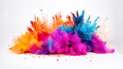 A vibrant explosion of colored powder creating a dynamic and vivid cloud of pink, blue, orange, and purple hues.