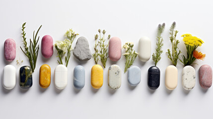 An arrangement of various pills and capsules alongside natural plants, depicting a concept of blending medicine with natural remedies. - obrazy, fototapety, plakaty