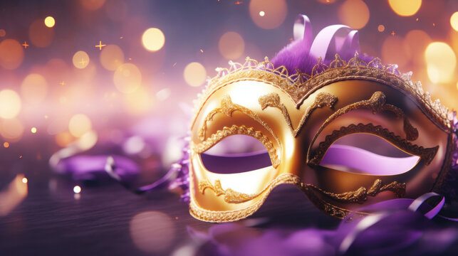 Elegant golden Venetian mask adorned with feathers and glitter, set against a bokeh light background.