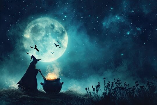 A witch stirring a cauldron with a full moon and bats in the night sky Halloween witch with potion and cauldron