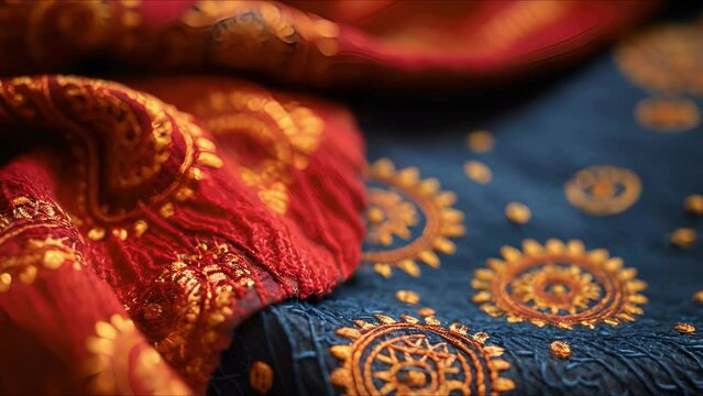Closeup of handstitched Kantha embroidery on a Bangladeshi saree.