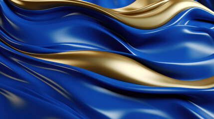 Elegant blue satin with golden accents draped in smooth, flowing waves, suggesting opulence and luxury.