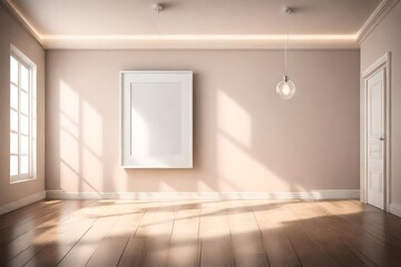 A serene empty room with a blank white frame on a clear solid color wall, bathed in the soft glow of a sleek pendant light.