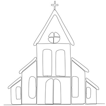 recommend clip art: Church in continuous line art drawing style. Abstract church building with bell tower. Minimalistic black linear sketch isolated on white background. Vector illustration
