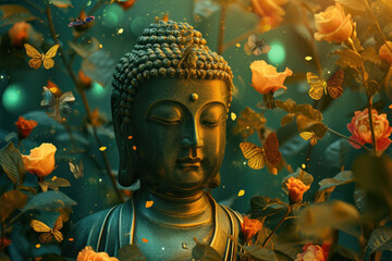 a big glowing golden buddha face with glowing nature green background, multicolor flowers, birds, butterflies