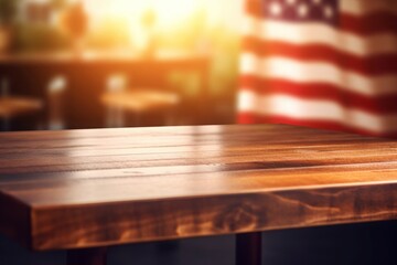 Bright wooden table with American flag. Tabletop with national striped country symbol. Generate ai