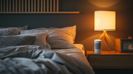 Schlafzimmer Nachttisch mit Schlafanalyse Tracker Gerät für Schlafqualität mit gemütlichem Nachtlicht Generative AI