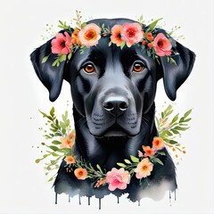 Watercolor black labrador retriever dog with floral wreath on head