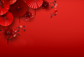 Fototapeta na wymiar Banner. Red background. Oriental style, fan, lanterns, flowers, brushes.