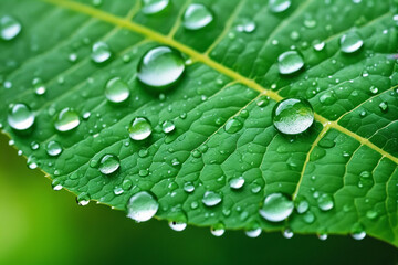 Extreme macro of large beautiful drops of transparent rain water on a green leaf, drops of dew