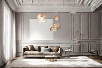 A moment frozen in elegance, an empty room adorned with a blank white frame on a solid color wall, illuminated by the sophisticated brilliance of a pendant light.