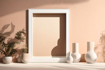 Fototapeta na wymiar The poetry of shadows and light unfolds on a minimalistic mockup, featuring a unique and beautiful design within a white frame against a rich solid color wall.
