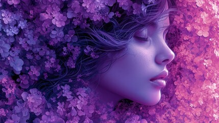 illustration of a girl in flowers with a place for text in purple shades