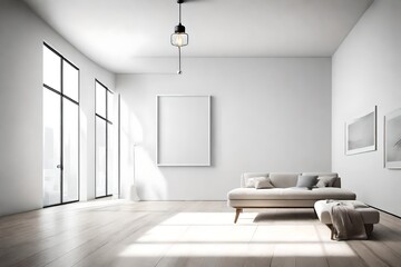 Fototapeta na wymiar Capturing the essence of beauty in simplicity, an empty room with a white frame on a clear wall, lit by a pendant light, offers a striking and minimalist aesthetic.