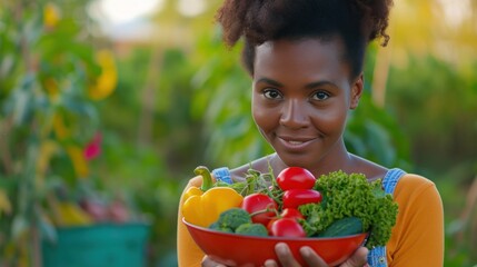 beautiful African American woman holds a bowl of fresh vegetables