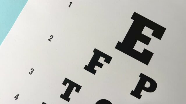 Eye test chart and glasses on blue background