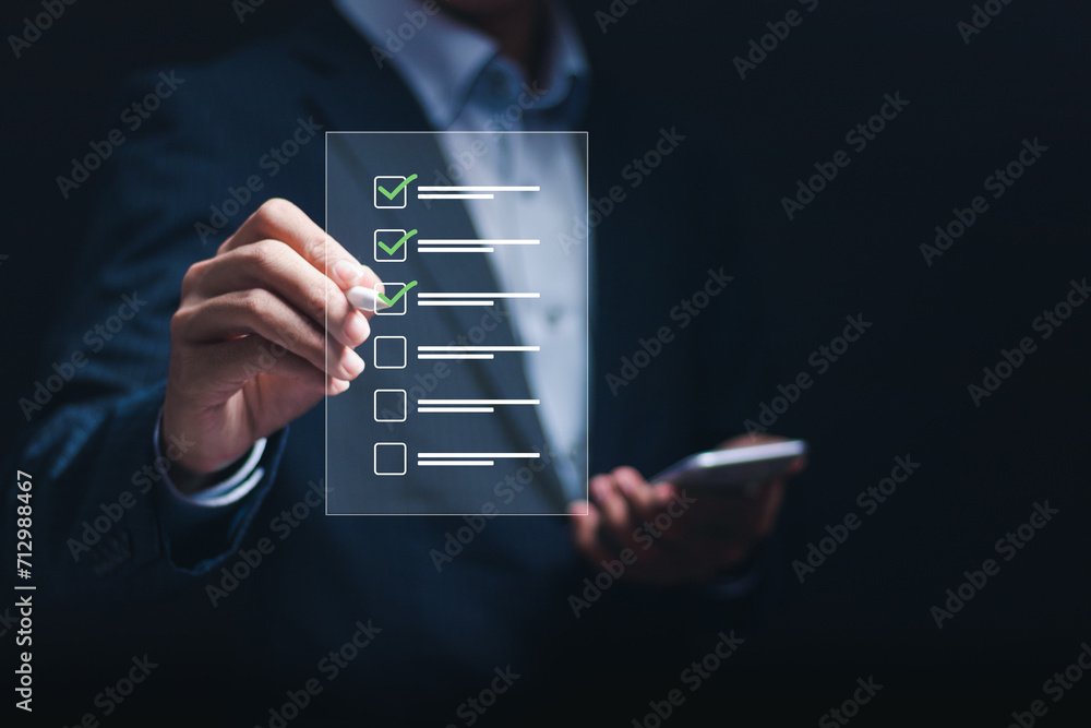 Aufkleber businessman filling survey form online, answer questions of test for survey form concept. questionna