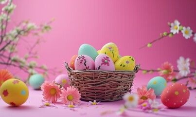 easter egg basket surround on bright pink background in slow motion
