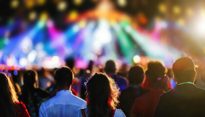 Personnes devant un concert de festival de musique avec gens devant une scène éclairée, la foule danse et écoute le spectacle. Espace flou pour titre ou texte. - obrazy, fototapety, plakaty