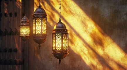 arabic lamps hanging on wall morocco wallpaper - obrazy, fototapety, plakaty