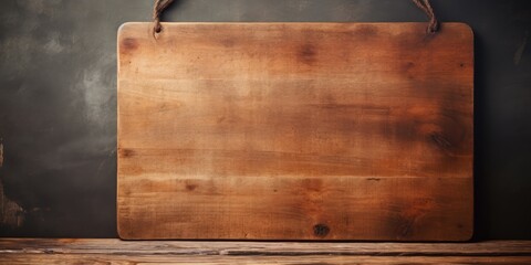 Empty vintage cutting board on table, illustrating food concept.