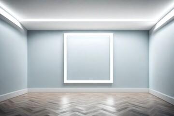 The magic of emptiness captured in a single frame, an empty room with a blank white frame on a clear solid color wall, illuminated by a sleek pendant light.