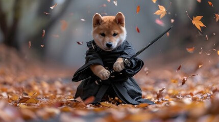 Shiba inu dog as samurai warrior in battle pose with katana sword, wearing traditional Japanese kimono. Creative animal funny pet in costume 3d digital art, surreal autumn garden landscape background.