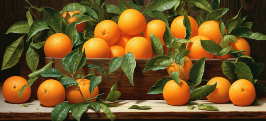 Depict an assortment of oranges with green leaves