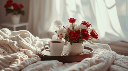 Fototapeta na wymiar coffee and flowers sit on a tray on a bed