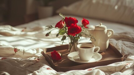 coffee and flowers sit on a tray on a bed