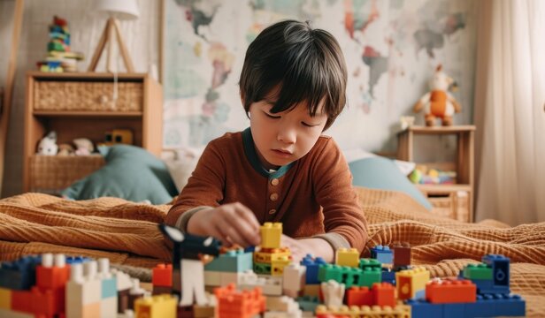boy is playing with blocks in a room
