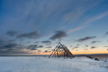 A fish drying rack on a beautiful but cold winter day during the polar night