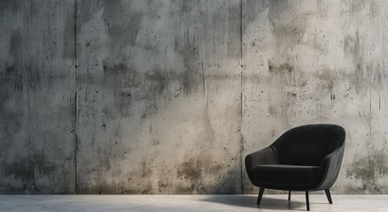 black chair in front of a concrete wall - obrazy, fototapety, plakaty