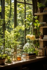 Home office with natural light and greenery, creating an inspiring and sustainable workspace for hybrid work, Generative AI