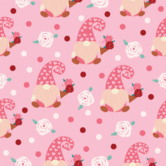 seamless pattern with pink gnome hearts and flowers vector illustration for invitation greeting birthday party celebration wedding card poster banner textiles wallpaper paper wrap background