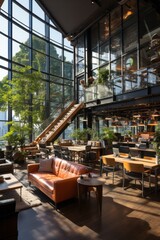 Home office with natural light and greenery, creating an inspiring and sustainable workspace for hybrid work, Generative AI