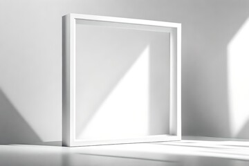 Shadows and light merge seamlessly on a minimalistic mockup, unveiling a uniquely designed masterpiece within a white frame against a clear solid color background.
