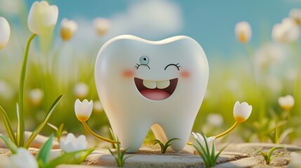 Fototapeta na wymiar Happy-tooth cartoon character. White teeth concept
