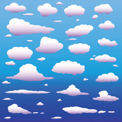 Set of different cartoon clouds vector isolated on blue sky background with gradient. Collection of different clouds for background template, wallpaper and fluffy sky design. Vector illustration