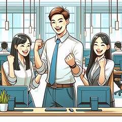 オフィスにてガッツポーズをする男性１人とスタッフと女性スタッフ２人