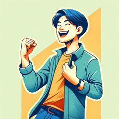 喜び、ガッツポーズをする男性、学生