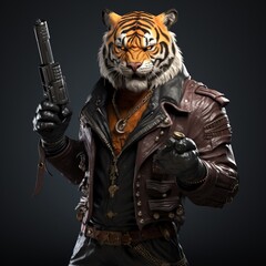 Fototapeta na wymiar Anthropomorphic tiger holding a gun photorealistic AI Generated pictures