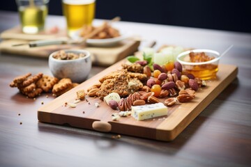 Fototapeta premium pretzels and nuts on a wooden board for snacking