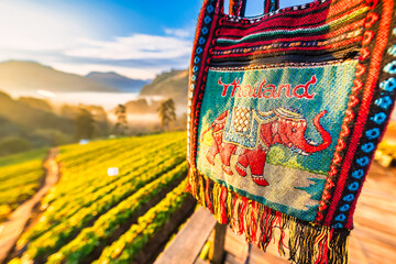 Chiang Mai, Thailand - January, 06, 2024: Colorful of thai fabric handcraft bag elephant pattern at Strawberry Plantation with sunrise morning mist.Thailand travel concept.