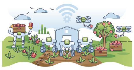 Farm bots harvest collection scene with autonomous technology outline concept, transparent background. Wireless IoT tech for modern and innovative agriculture illustration.