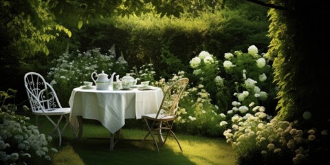 Garden with green and table in white.