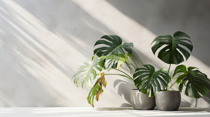Tropical leaves over grey table