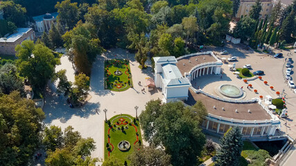 Kislovodsk, Russia - August 30, 2021: Resort Park. Colonnade. Year of creation 1913, Aerial View