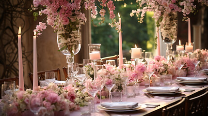 Wedding table adorned with lovely flowers.